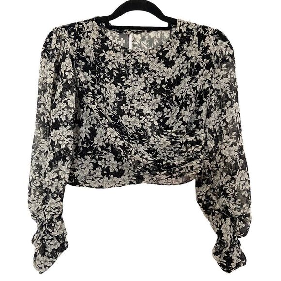 Zara Cropped Floral Long Sleeve Blouse Black Grey Size Small - Picture 2 of 8